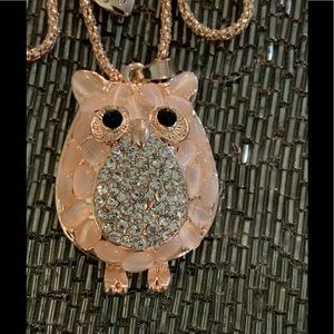 Pink owl with white rhinestones necklace